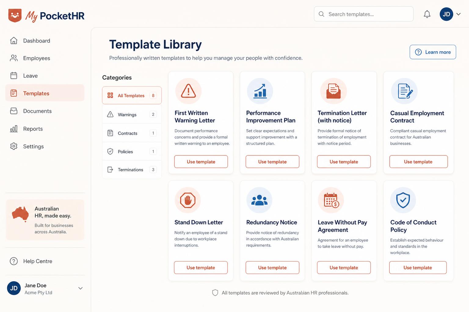Australian HR template library